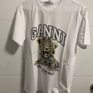 Ganni White Graphic Tee with Leopard Cub Print